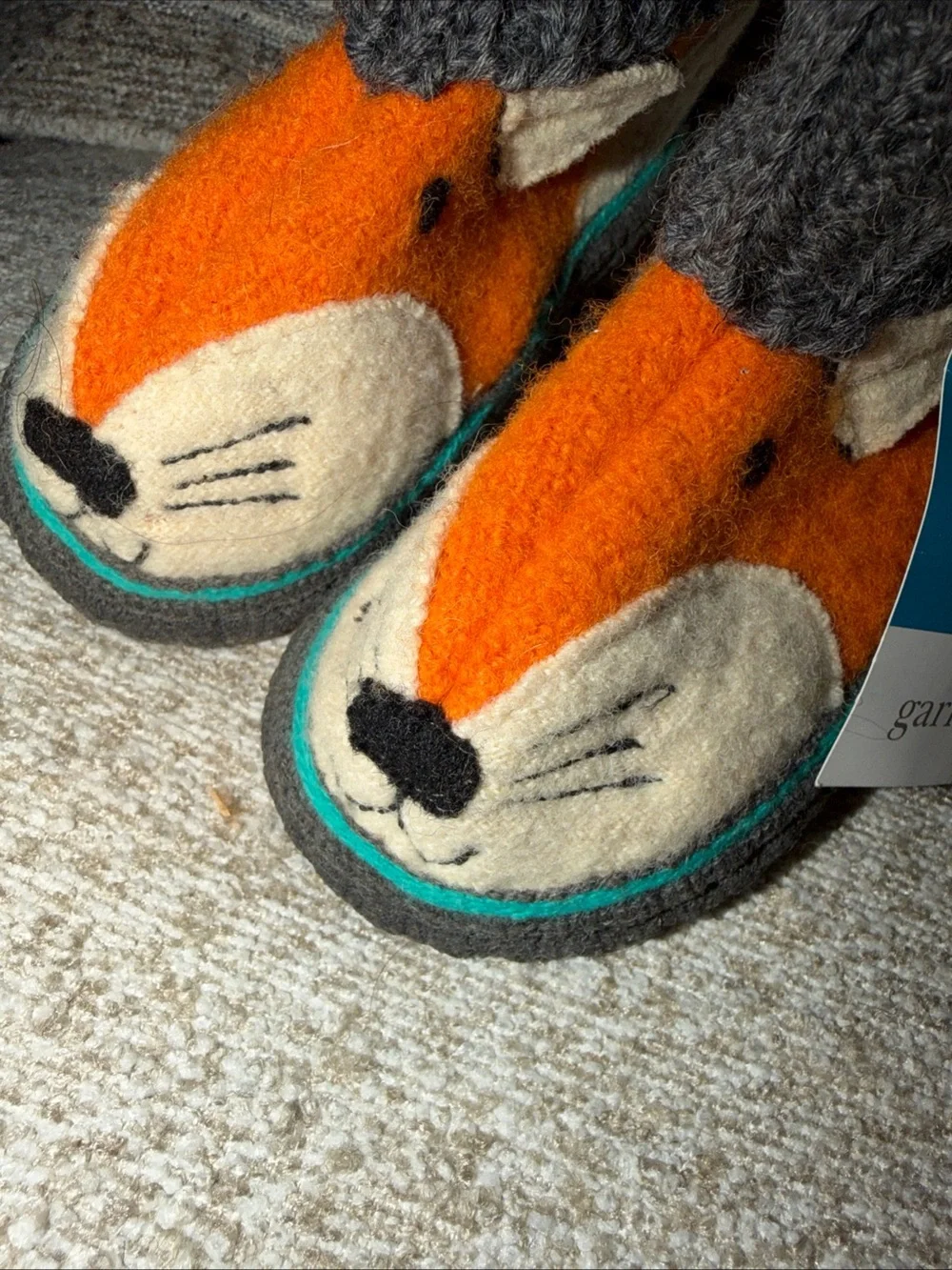 Garnet Hill Orange Fox Felted Wool Kids Slippers with Gray Knit Cuffs